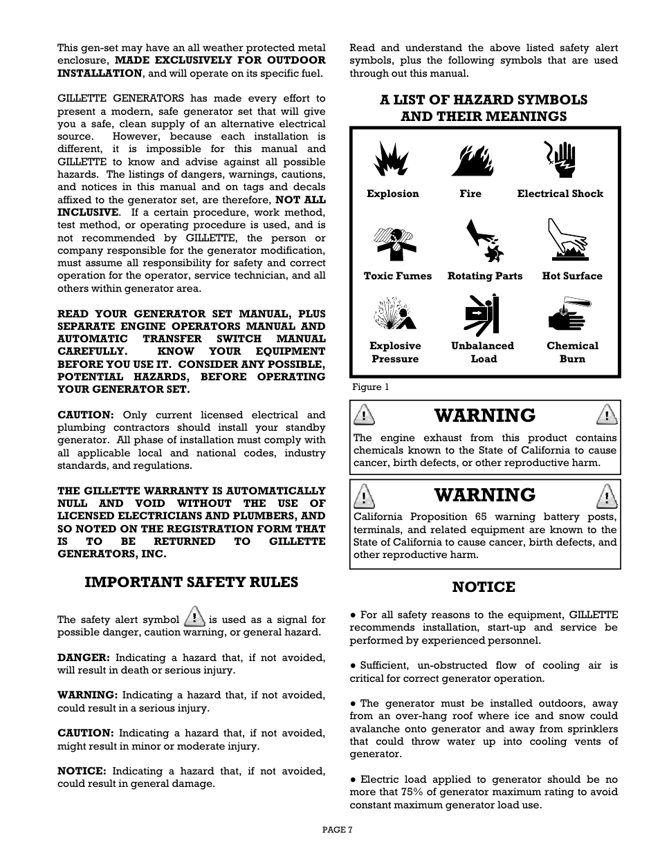 Warning, Important safety rules, Notice | A list of hazard symbols and their meanings | Gillette Generators SP-1500 User Manual | Page 7 / 30