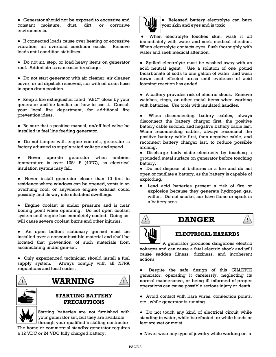 Warning, Danger | Gillette Generators SP-1500 User Manual | Page 8 / 30