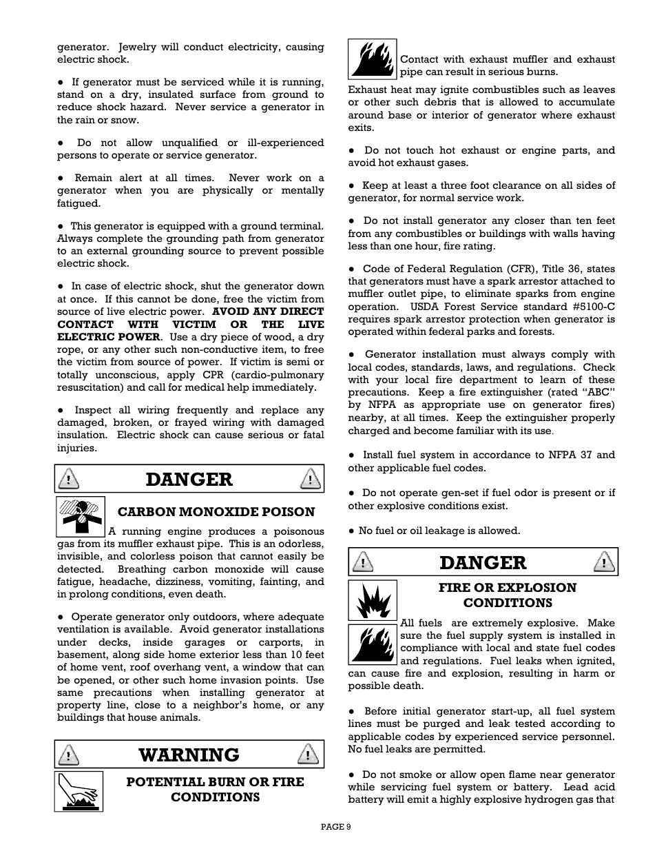 Danger, Warning | Gillette Generators SP-1500 User Manual | Page 9 / 30
