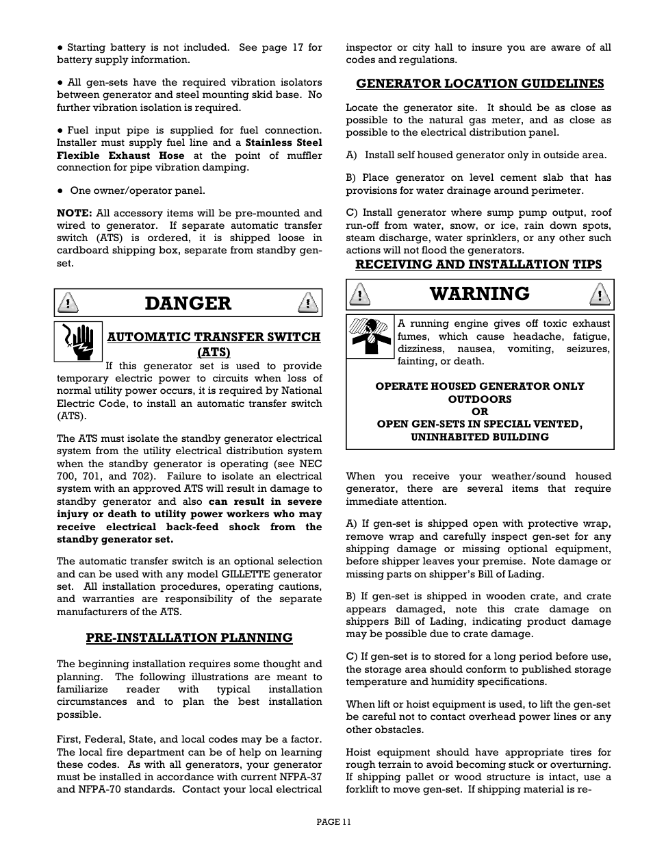 Danger, Warning | Gillette Generators SPMD-2500 THRU SPMD-4000 User Manual | Page 11 / 27