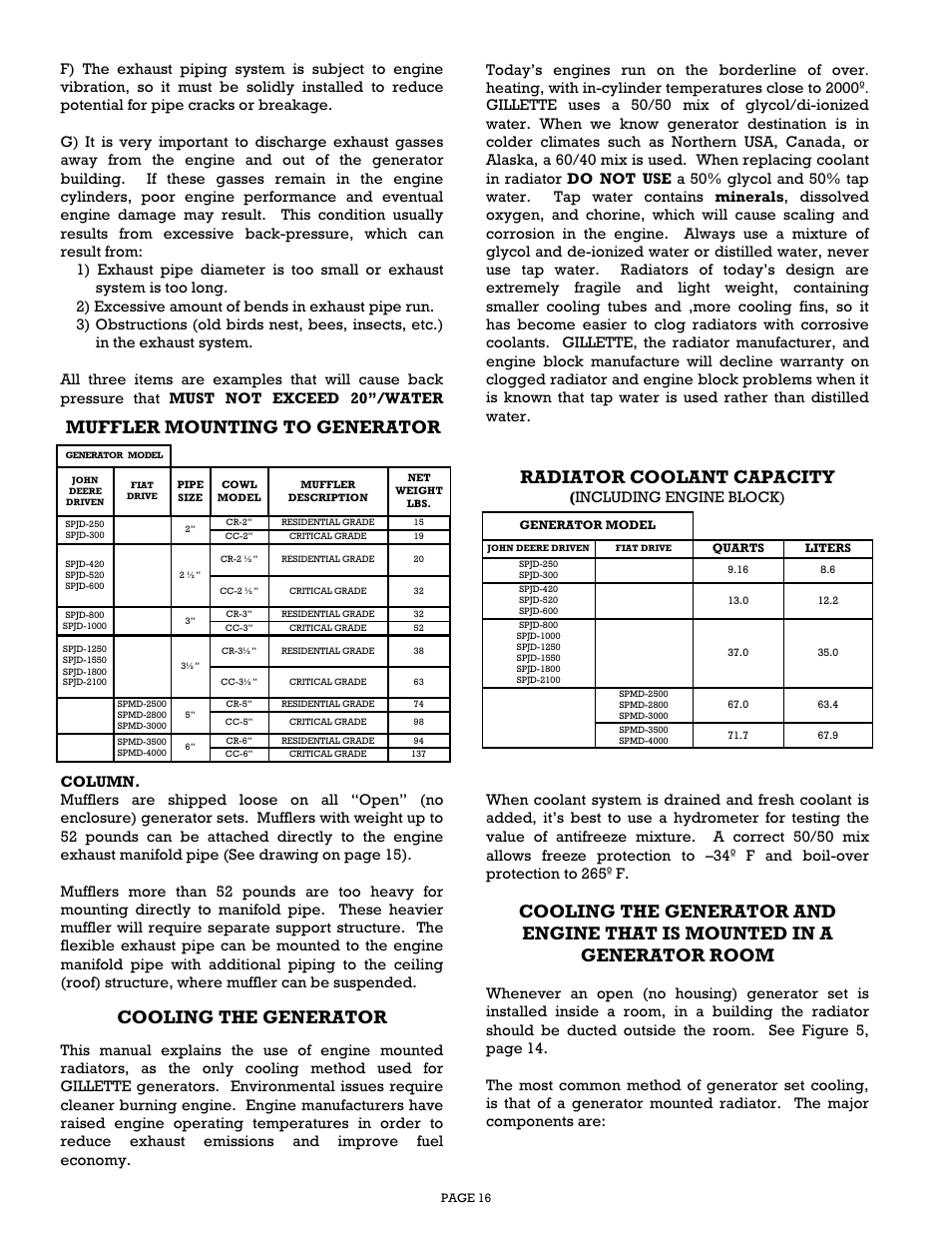 Cooling the generator, Muffler mounting to generator, Radiator coolant capacity | Including engine block) | Gillette Generators SPMD-2500 THRU SPMD-4000 User Manual | Page 16 / 27