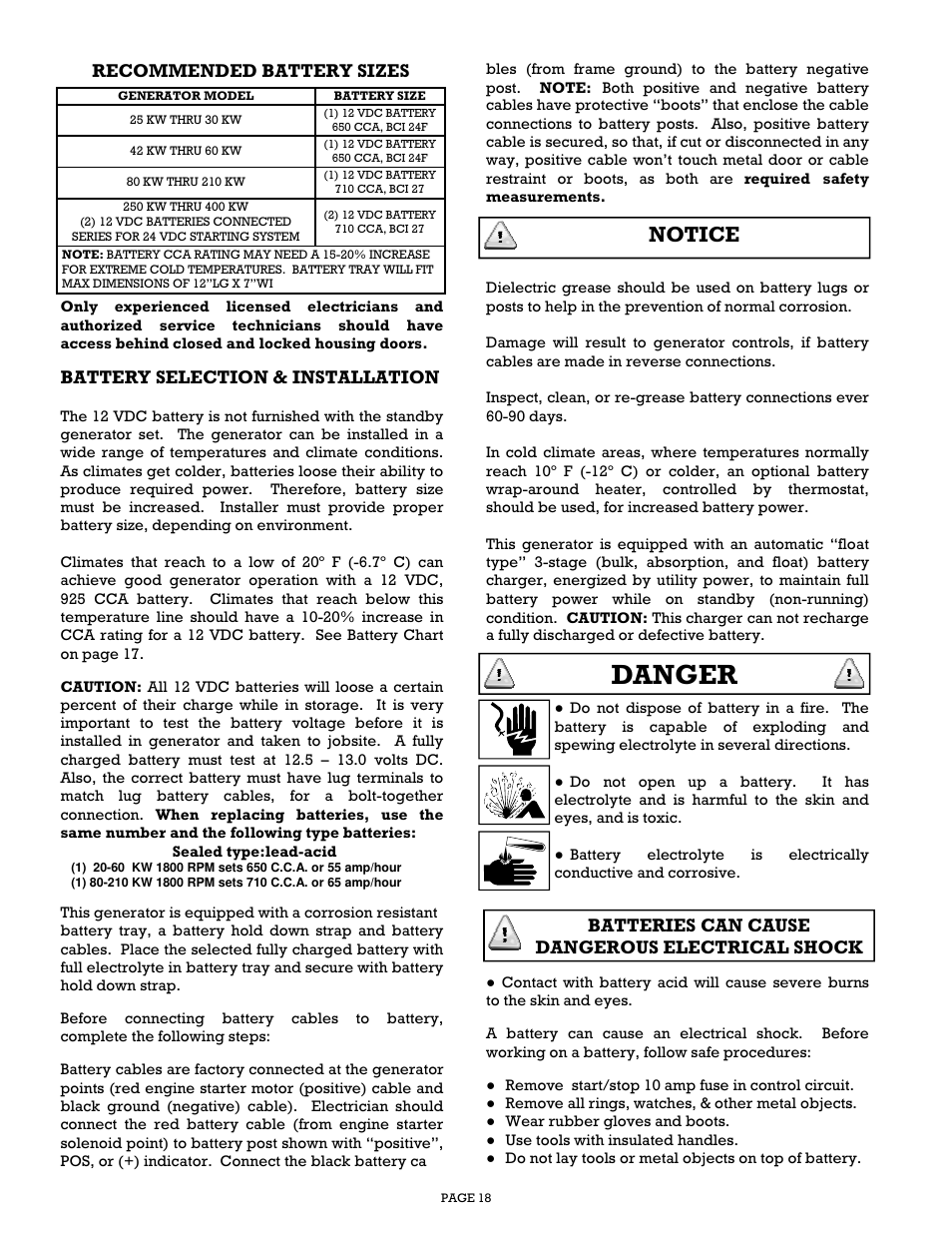 Danger, Notice, Battery selection & installation | Recommended battery sizes, Batteries can cause dangerous electrical shock | Gillette Generators SPMD-2500 THRU SPMD-4000 User Manual | Page 18 / 27