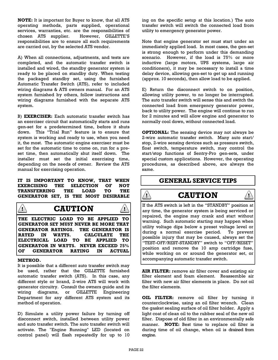 Caution, General service tips | Gillette Generators SPMD-2500 THRU SPMD-4000 User Manual | Page 22 / 27