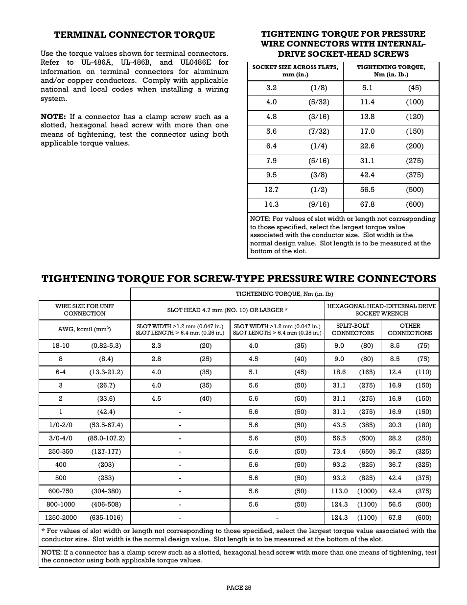 Terminal connector torque | Gillette Generators SPMD-2500 THRU SPMD-4000 User Manual | Page 25 / 27