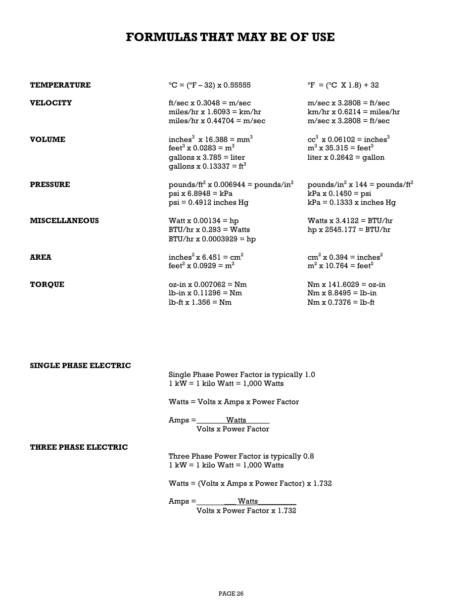 Formulas that may be of use | Gillette Generators SPMD-2500 THRU SPMD-4000 User Manual | Page 26 / 27