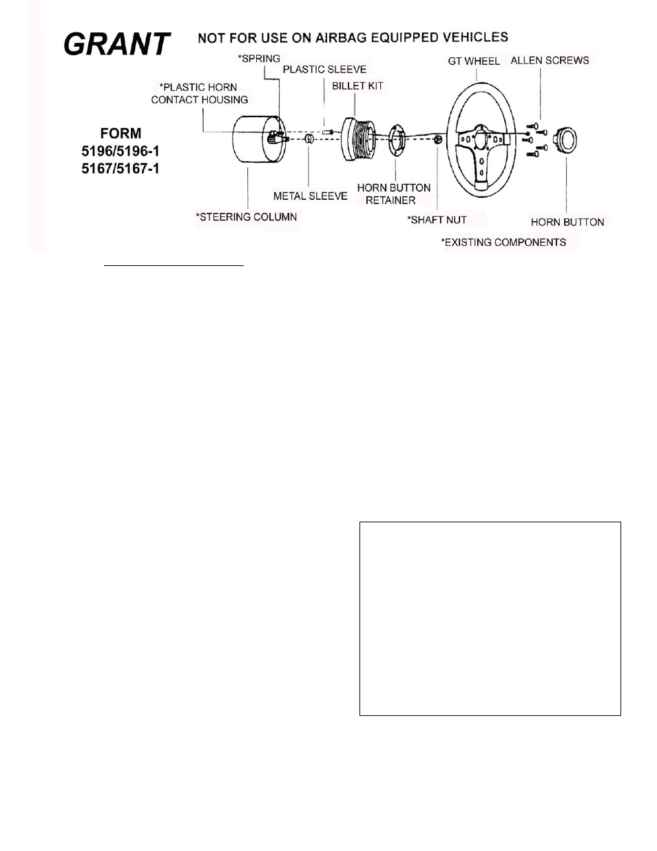 Grant Part #5196-1 - Billet Installation Kit User Manual | 1 page