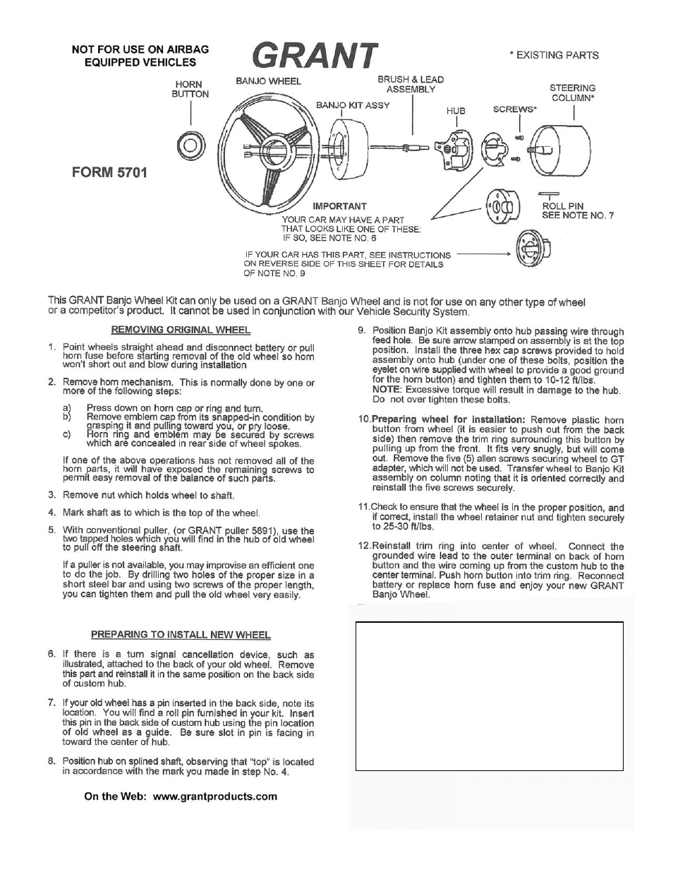 Grant Part #5701 - Banjo Kit GM Columns User Manual | 1 page