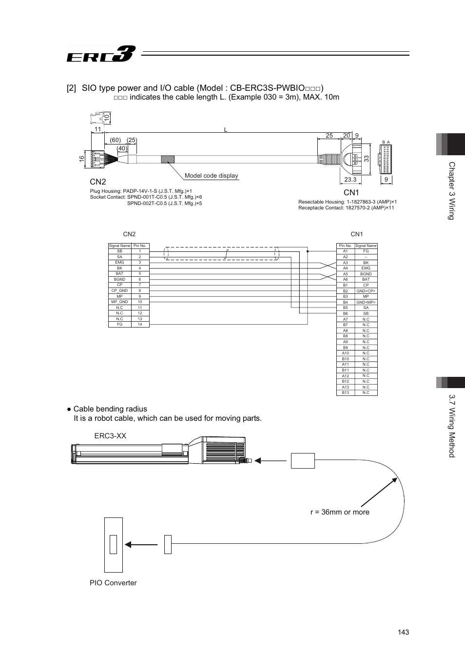 Chapter 3 wiring 3.7 wiring method, Cn1 cn2, Pio converter erc3-xx r = 36mm or more | IAI America ERC3 User Manual | Page 153 / 438