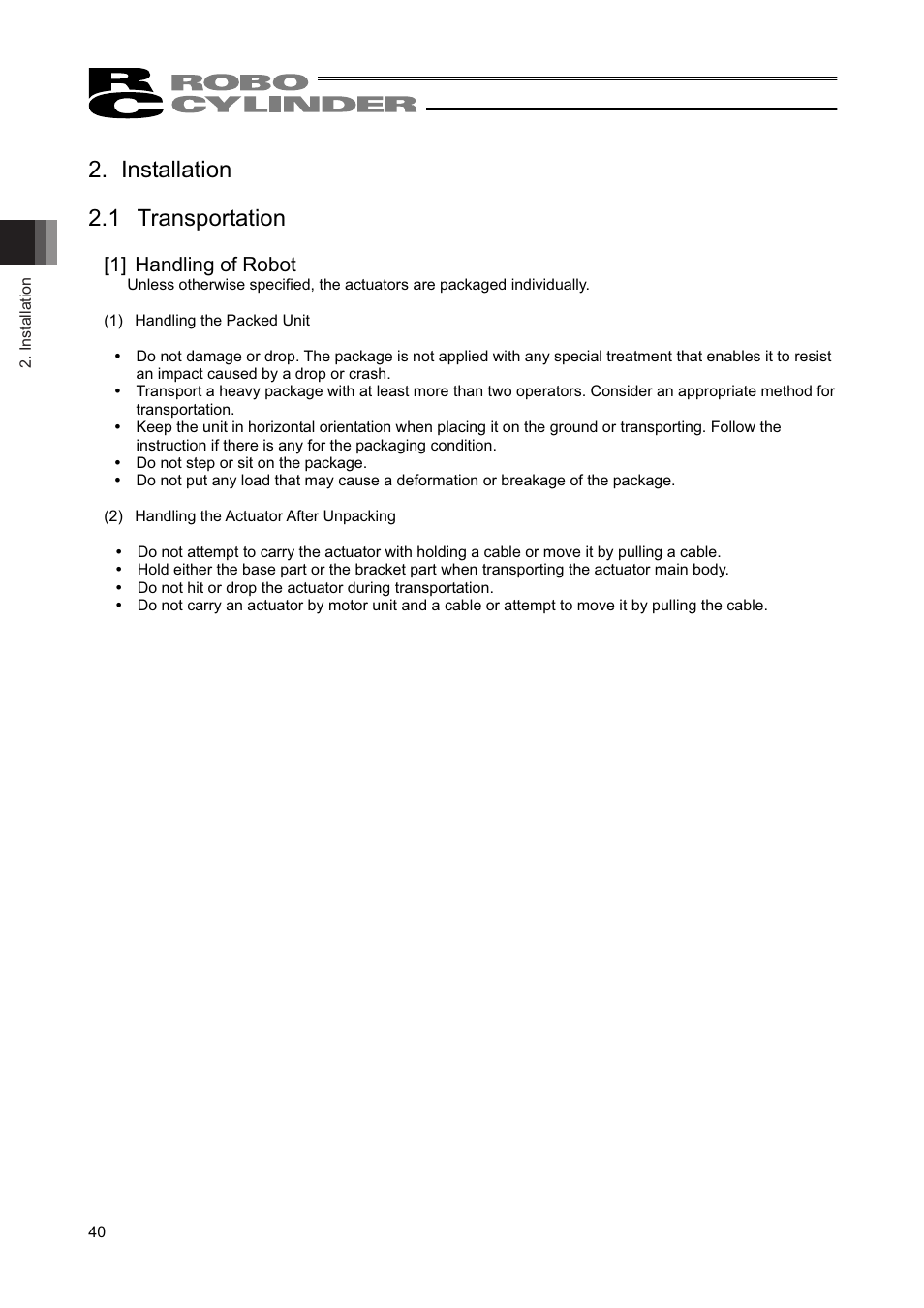 Installation, 1 transportation, Installation 2.1 transportation | IAI America RCAW User Manual | Page 46 / 114
