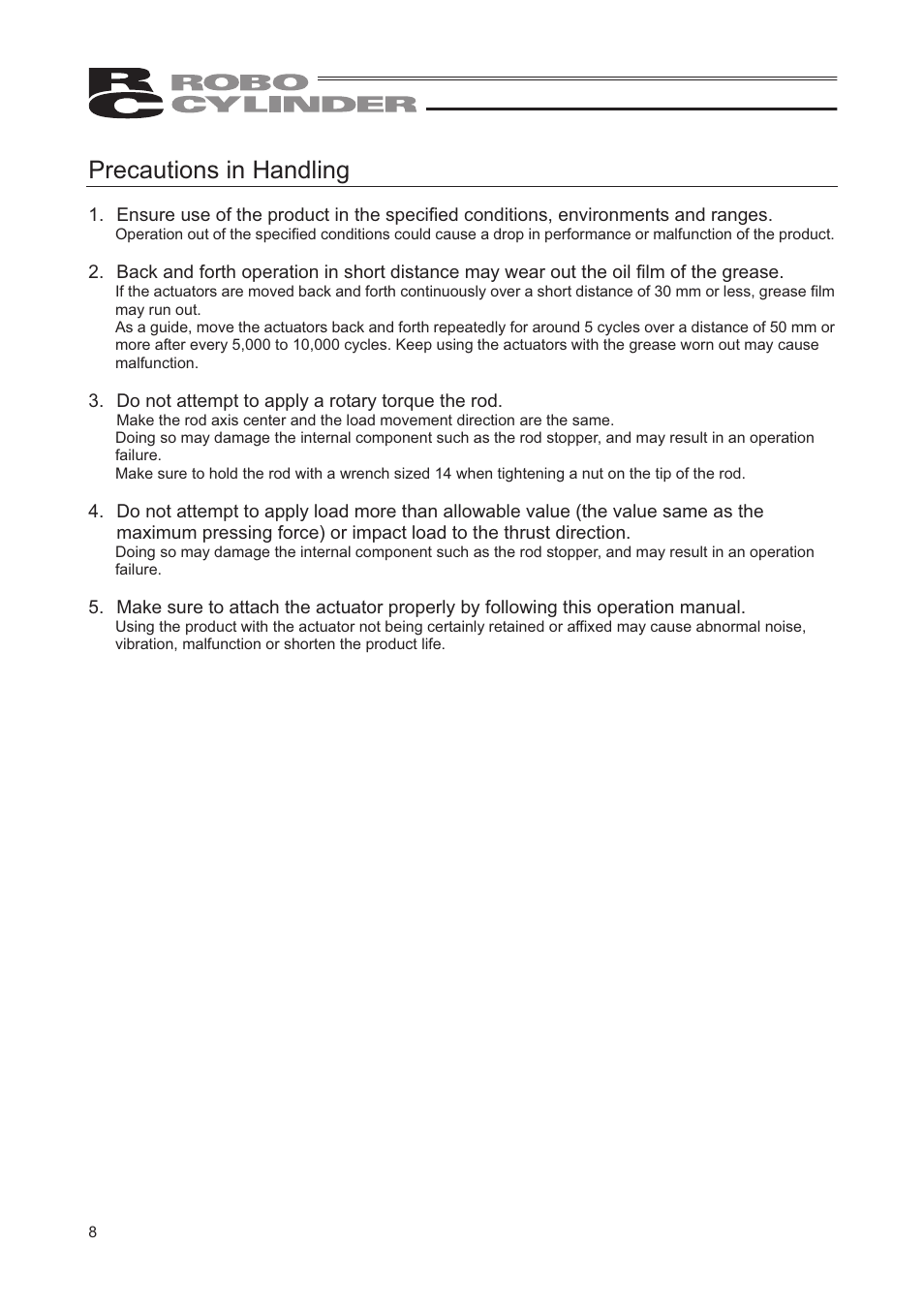 Precautions in handling | IAI America RCP2-SRGD4R User Manual | Page 14 / 56
