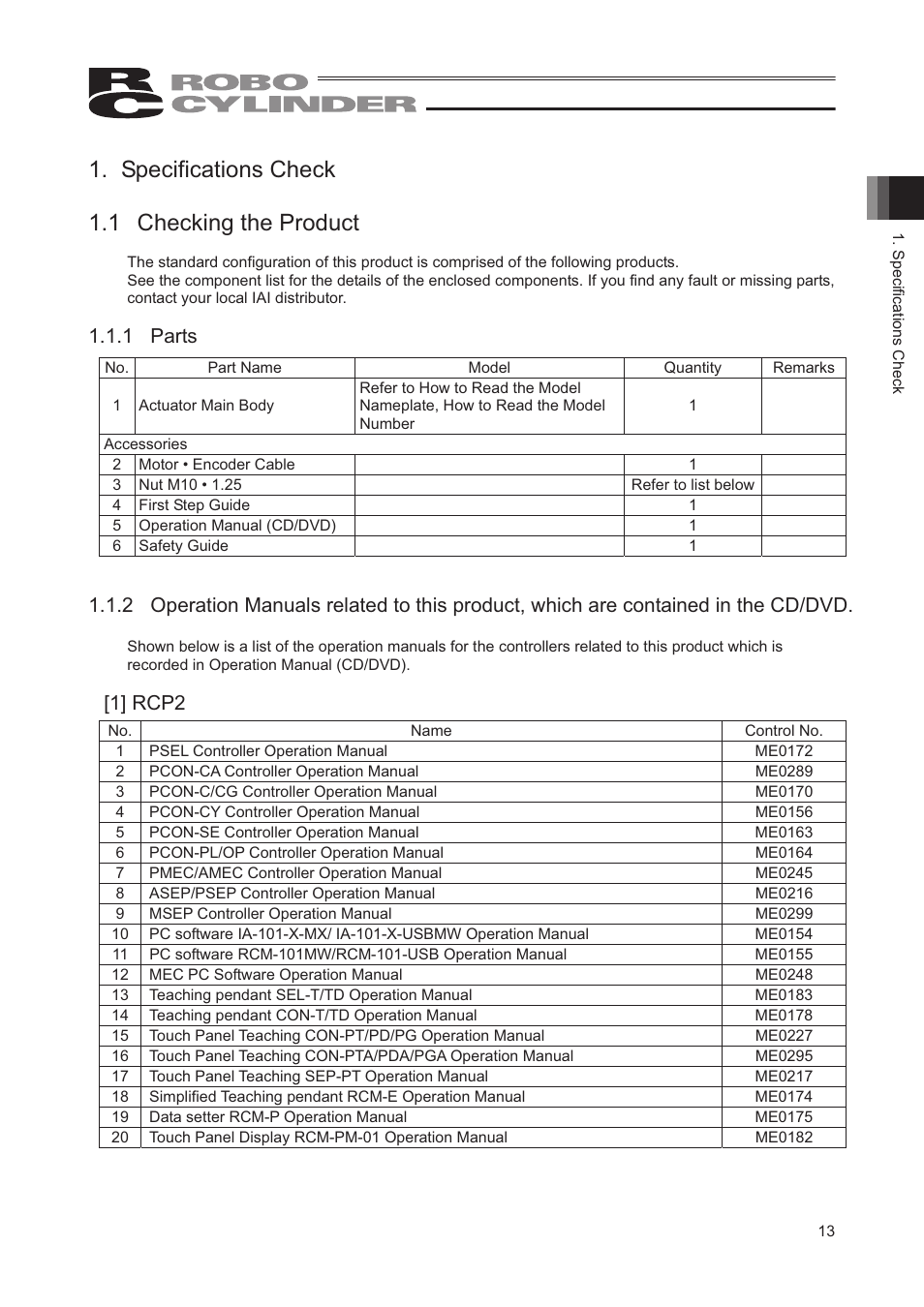Specifications check, 1 checking the product, Specifications check 1.1 checking the product | 1 parts, 1] rcp2 | IAI America RCP2-SRGD4R User Manual | Page 19 / 56