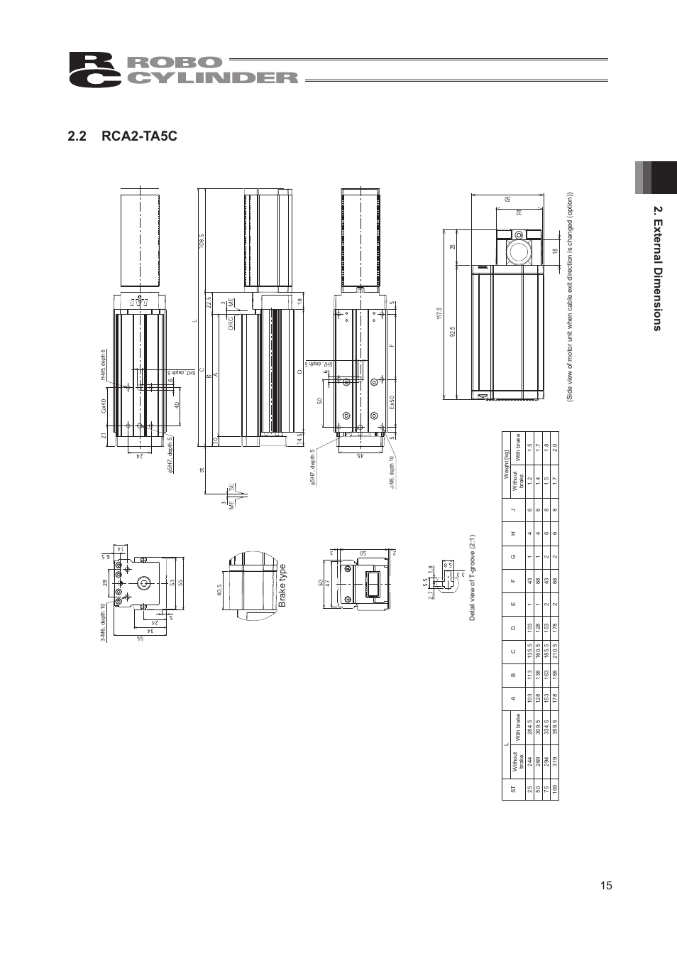 2 rca2-ta5c, 15 2. external dimensions, Brake type | IAI America RCA2-TW4N User Manual | Page 23 / 134