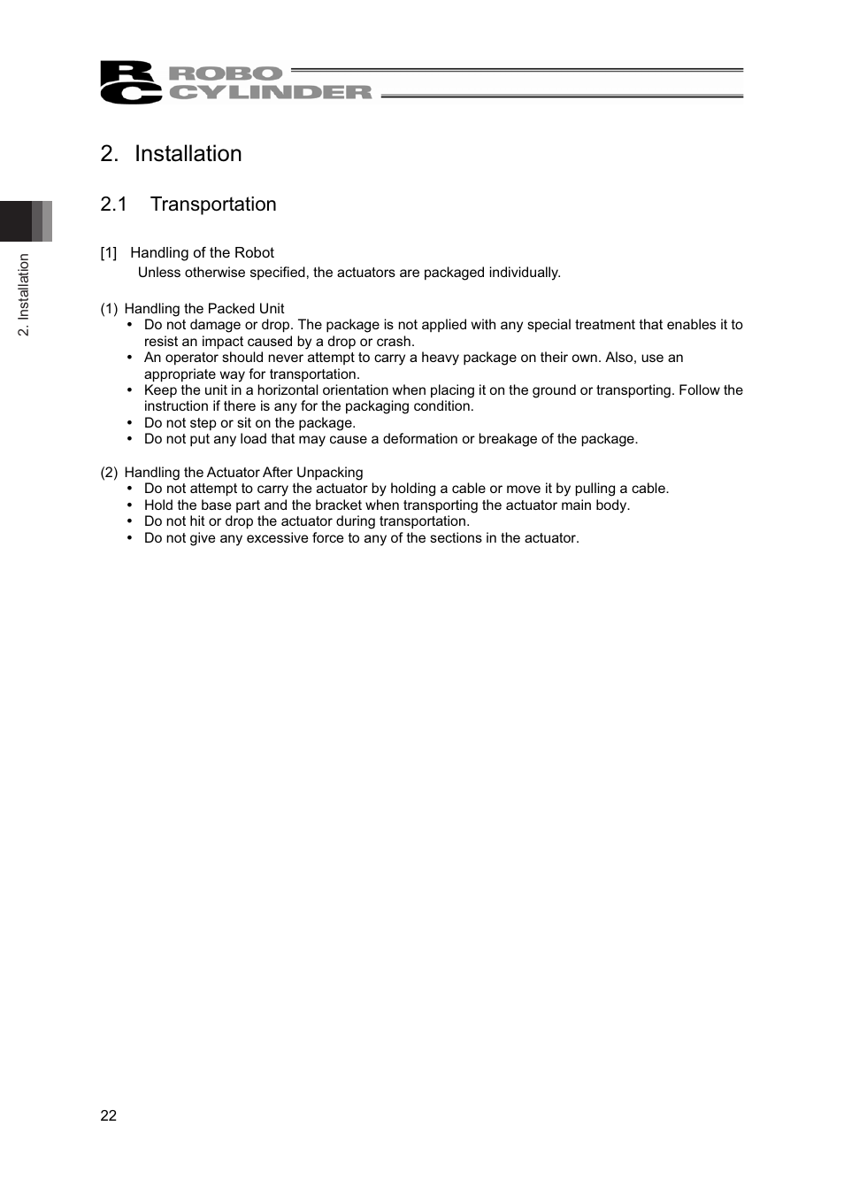 Installation, 1 transportation | IAI America RCP2-BA7U User Manual | Page 28 / 72