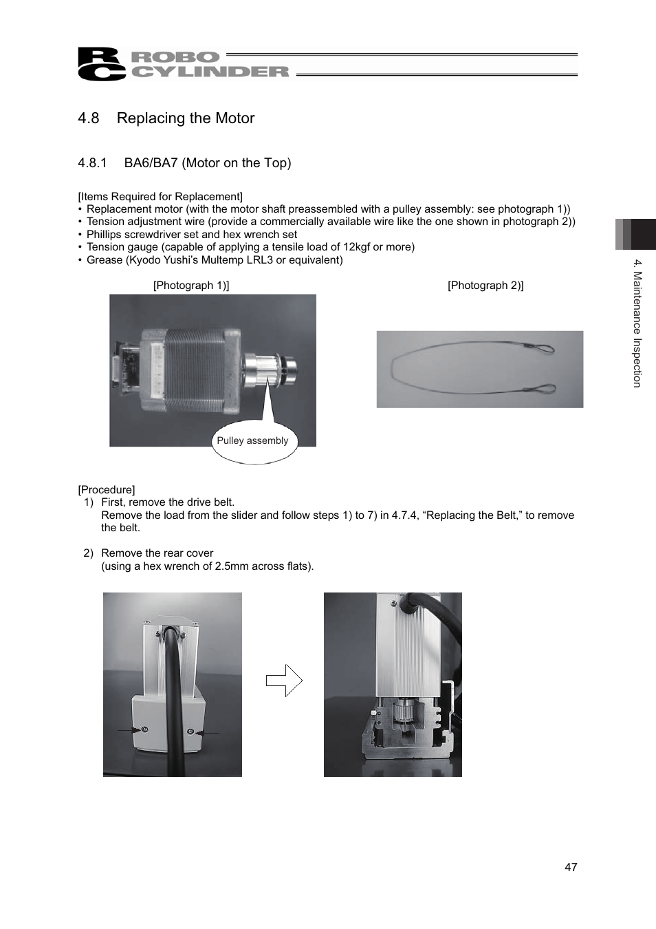 8 replacing the motor | IAI America RCP2-BA7U User Manual | Page 53 / 72