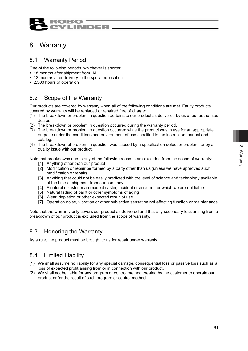 Warranty, 1 warranty period, 2 scope of the warranty | 3 honoring the warranty, 4 limited liability | IAI America RCP2-BA7U User Manual | Page 67 / 72