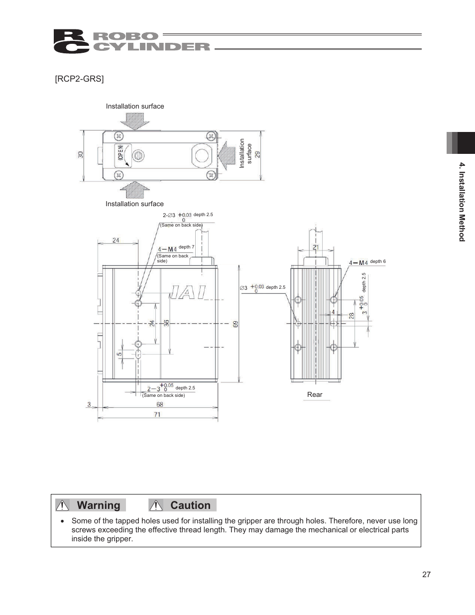 Warning caution, Rcp2-grs | IAI America RCP2W-GRLS User Manual | Page 37 / 130