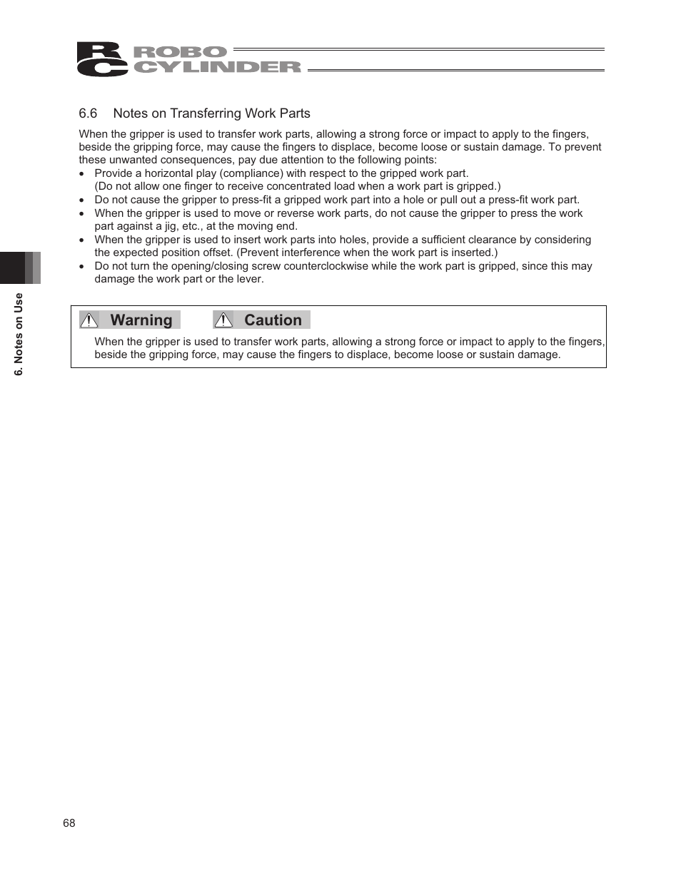 6 notes on transferring work parts, Warning caution | IAI America RCP2W-GRLS User Manual | Page 78 / 130