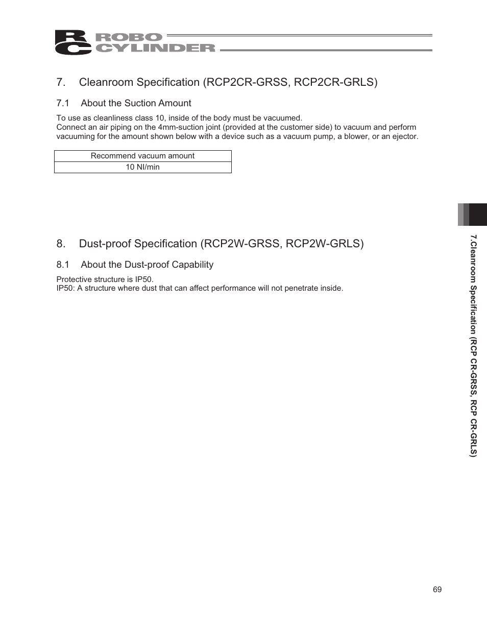 Cleanroom specification (rcp2cr-grss, rcp2cr-grls), 1 about the suction amount, Dust-proof specification (rcp2w-grss, rcp2w-grls) | 1 about the dust-proof capability | IAI America RCP2W-GRLS User Manual | Page 79 / 130