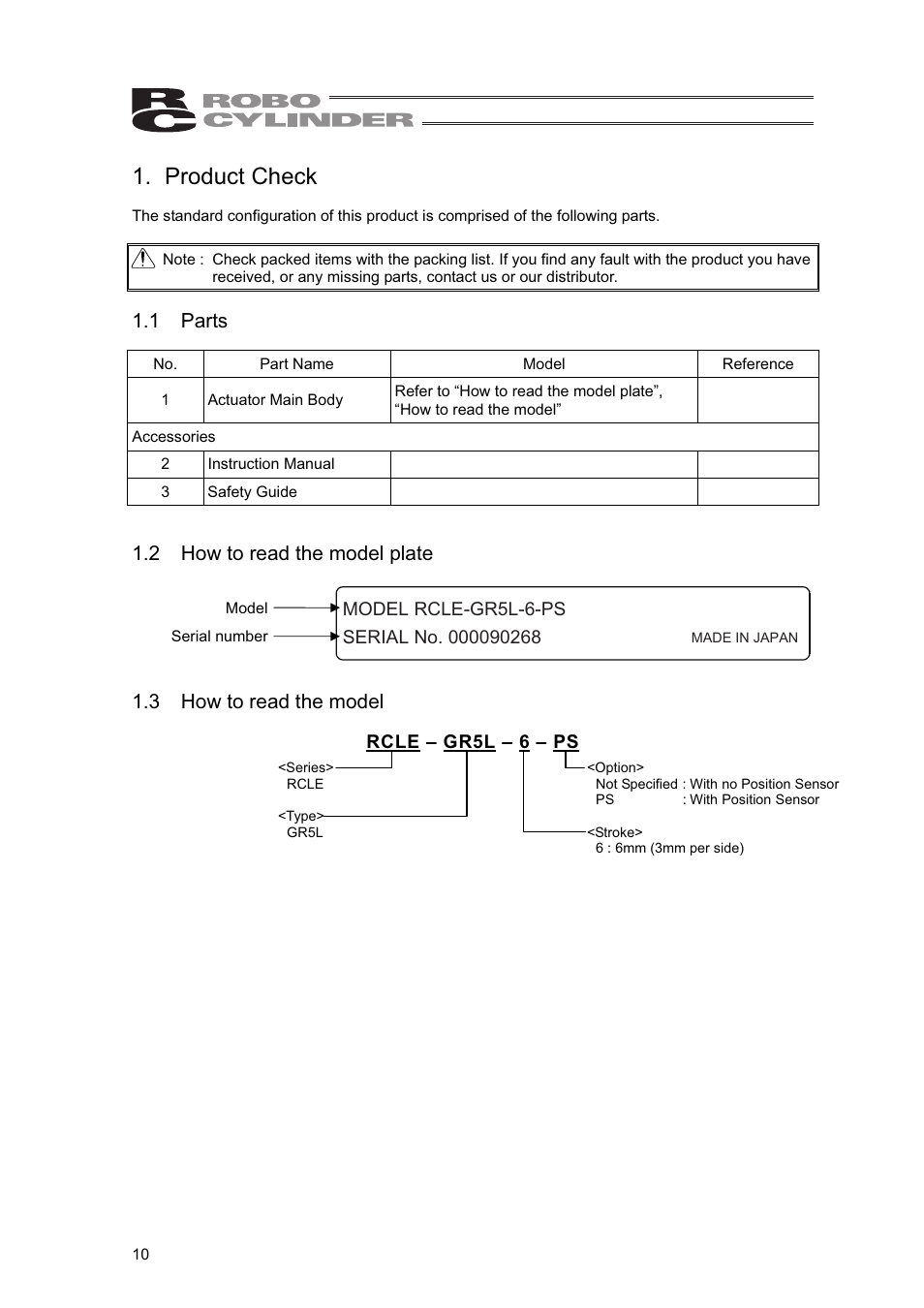 Product check, 1 parts, 2 how to read the model plate | 3 how to read the model | IAI America RCLE-GR5L User Manual | Page 16 / 46