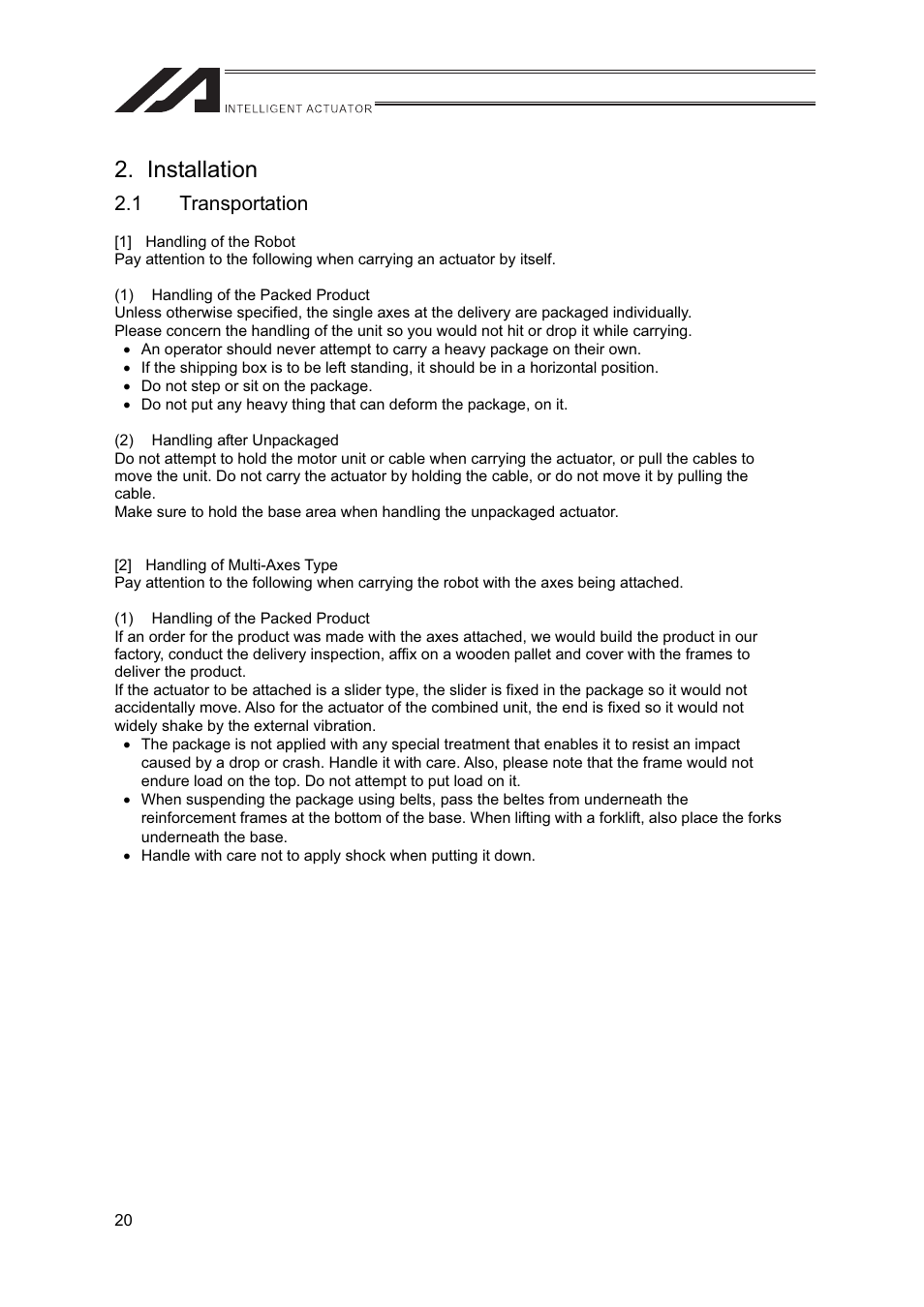 Installation, 1 transportation | IAI America FS User Manual | Page 26 / 84