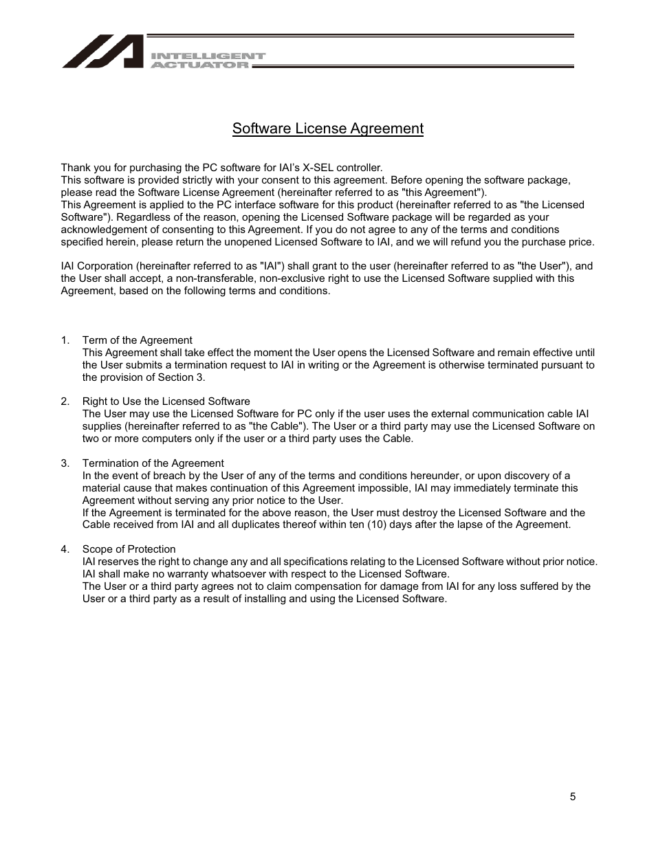 Software license agreement | IAI America IA-101-X-USBMW User Manual | Page 13 / 248