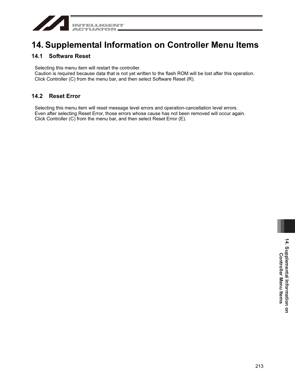 Supplemental information on controller menu items, 1 software reset, 2 reset error | IAI America IA-101-X-USBMW User Manual | Page 221 / 248