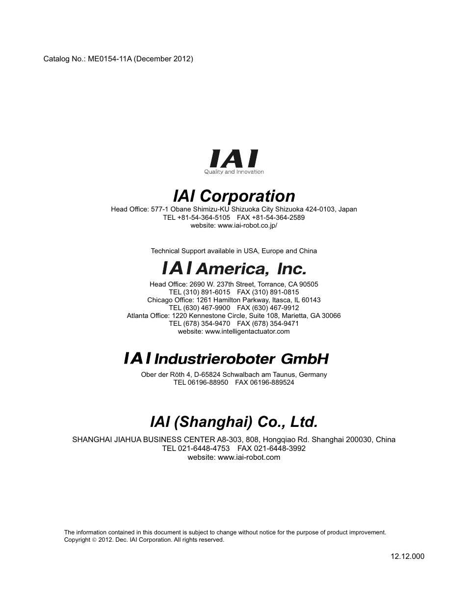 Iai corporation, Iai (shanghai) co., ltd | IAI America IA-101-X-USBMW User Manual | Page 248 / 248
