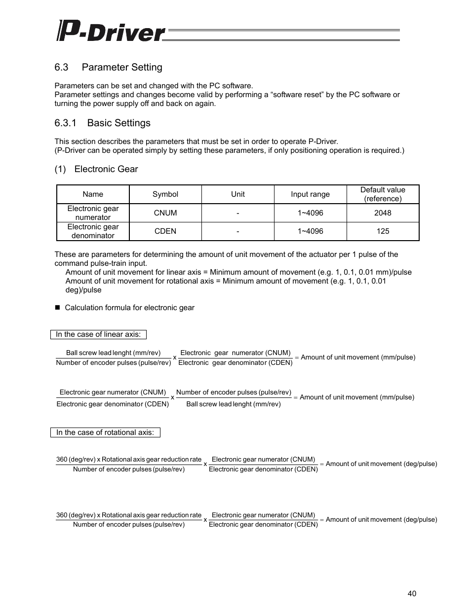 3 parameter setting, 1 basic settings, 1) electronic gear | IAI America PDR-101-MW User Manual | Page 50 / 108