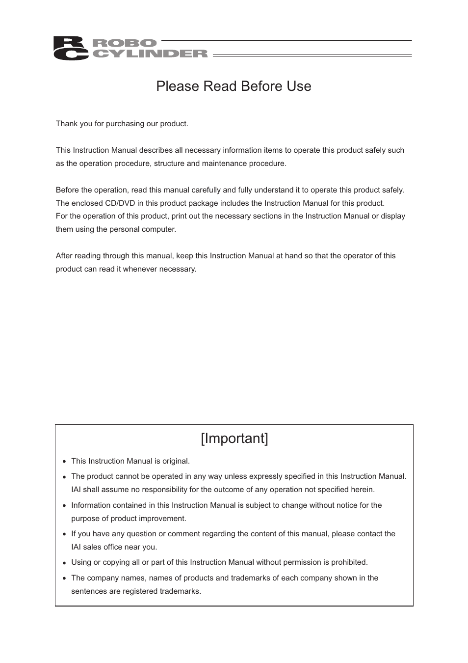 Please read before use, Important | IAI America CON-TG User Manual | Page 3 / 114