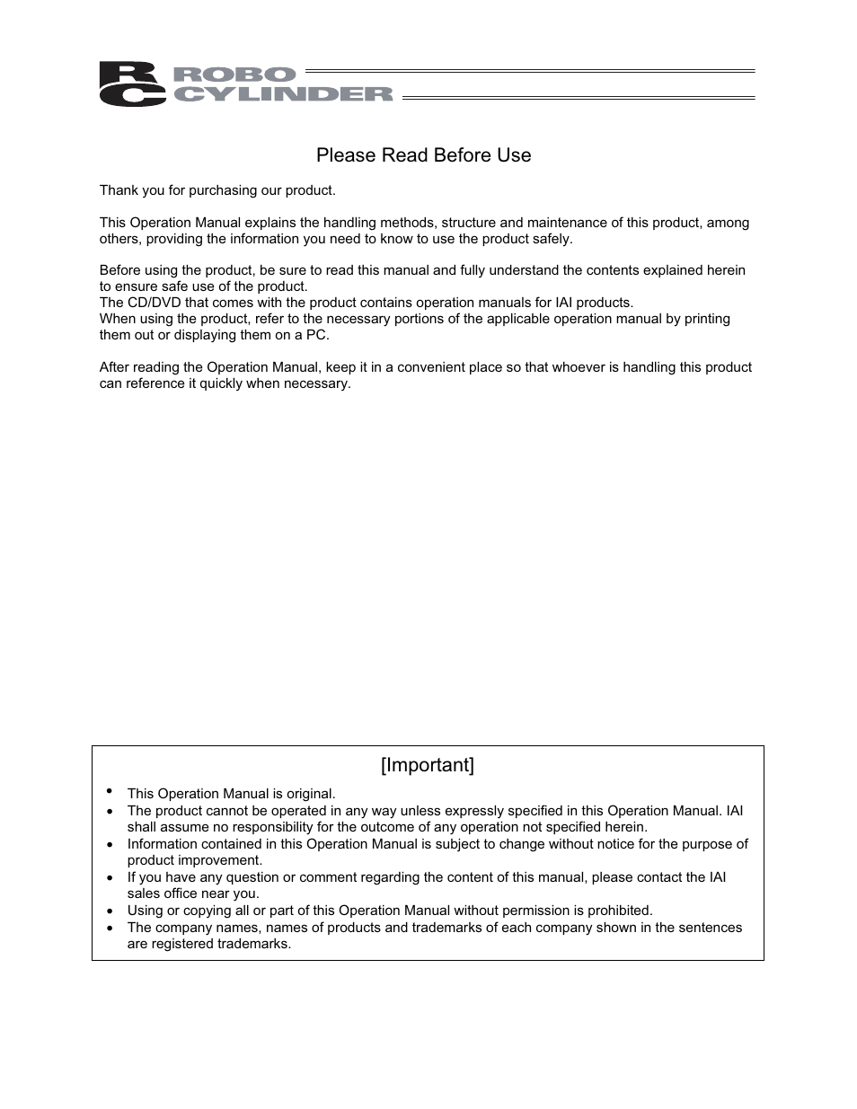Please read before use, Important | IAI America CON-PG User Manual | Page 3 / 226