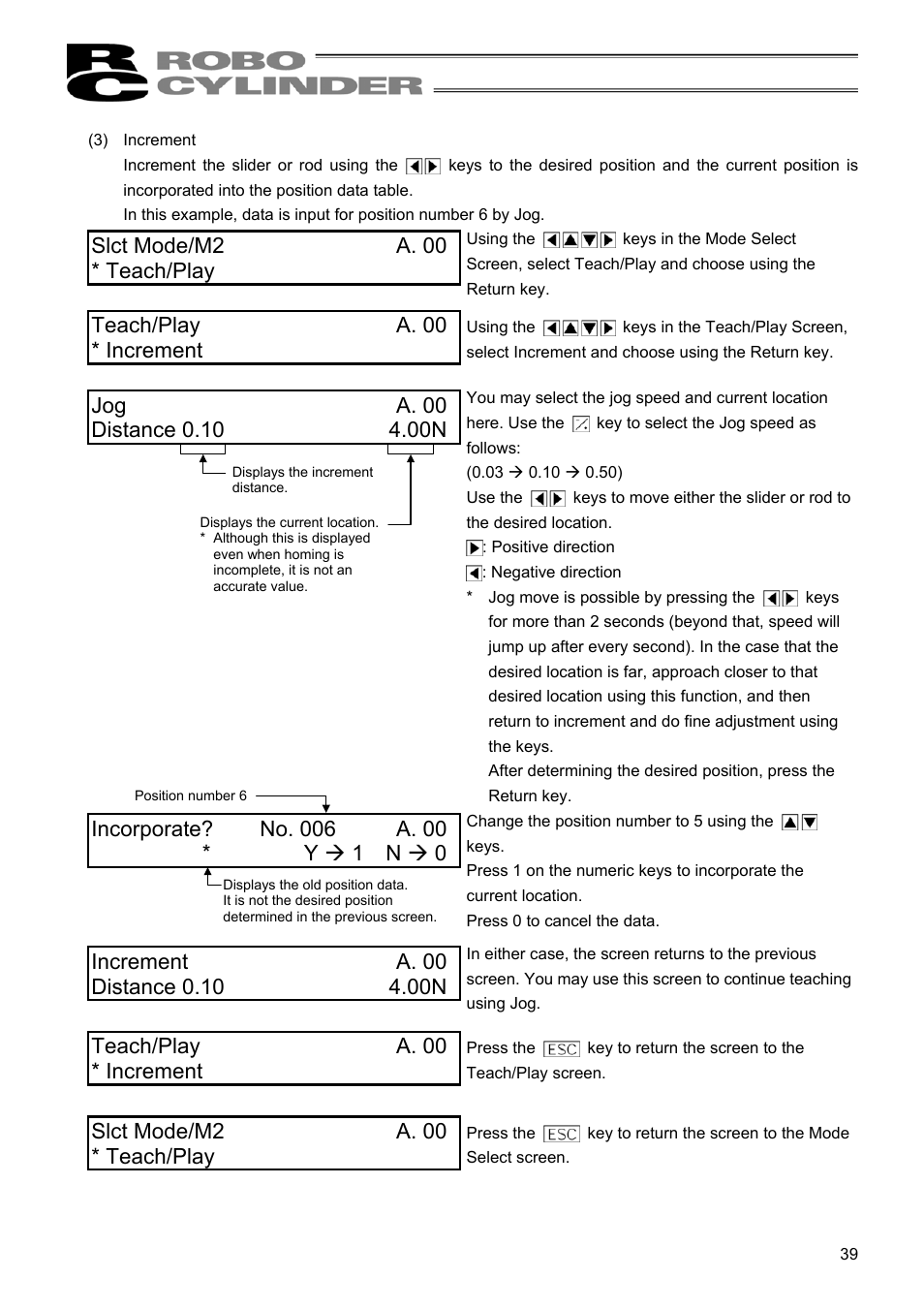 Teach/play a. 00 * increment, Slct mode/m2 a. 00 * teach/play | IAI America RCM-E User Manual | Page 47 / 74