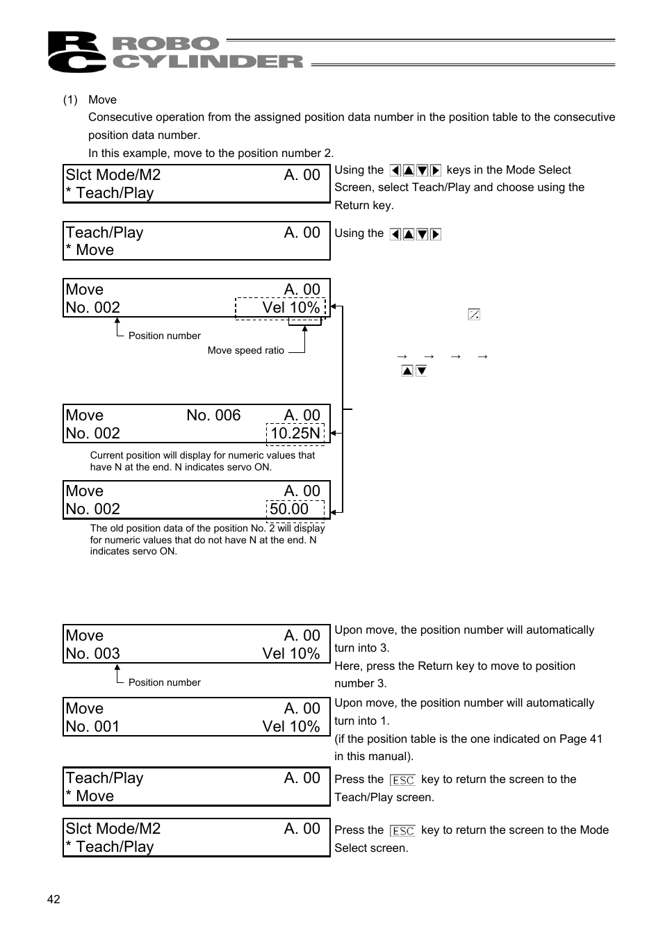 Teach/play a. 00 * move, Slct mode/m2 a. 00 * teach/play | IAI America RCM-E User Manual | Page 50 / 74