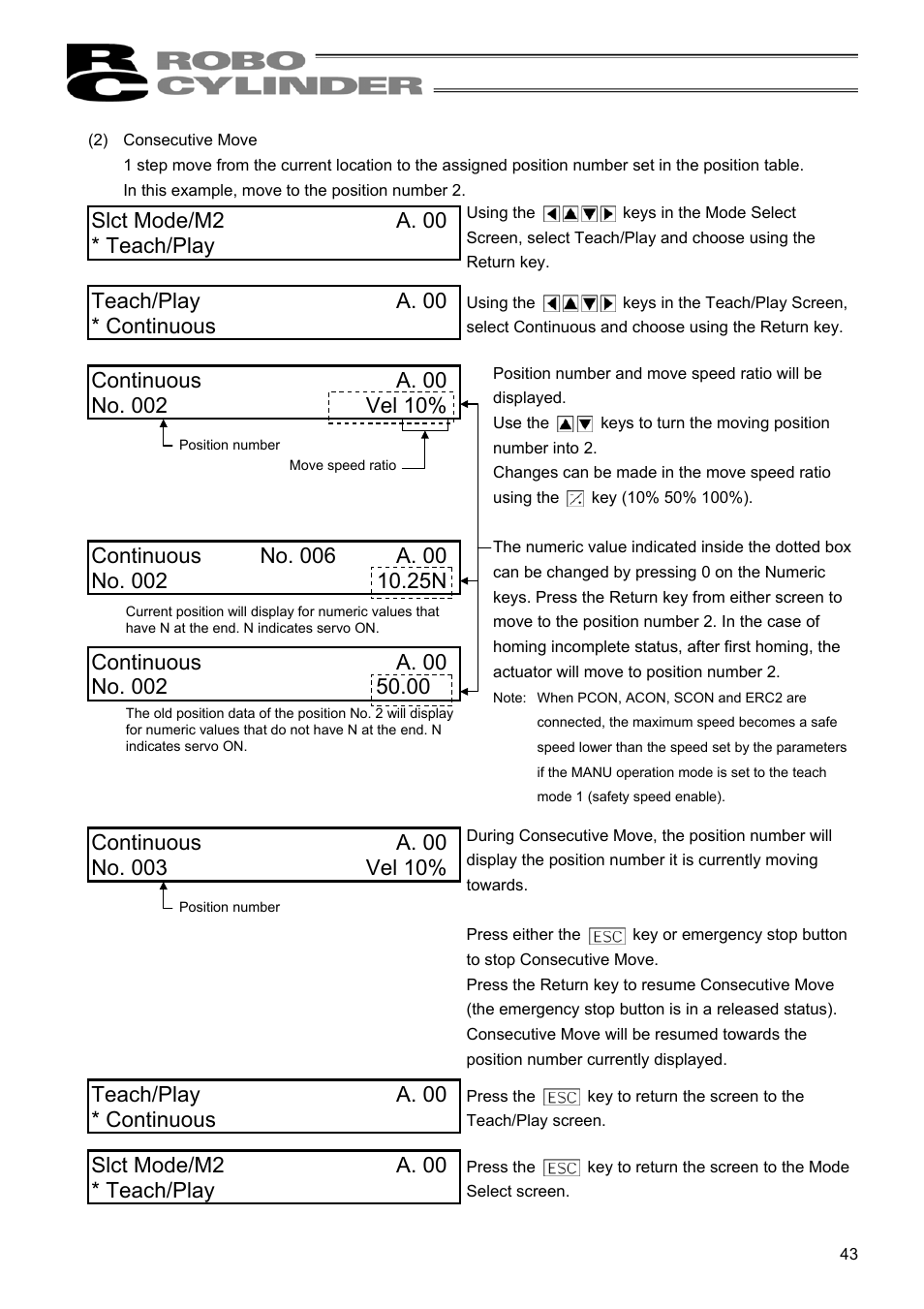 Teach/play a. 00 * continuous, Slct mode/m2 a. 00 * teach/play | IAI America RCM-E User Manual | Page 51 / 74