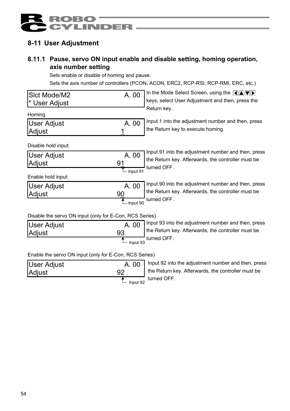 11 user adjustment, User adjust a. 00 adjust 93, Slct mode/m2 a. 00 * user adjust | User adjust a. 00 adjust 90, User adjust a. 00 adjust 92, User adjust a. 00 adjust 91, User adjust a. 00 adjust 1 | IAI America RCM-E User Manual | Page 62 / 74