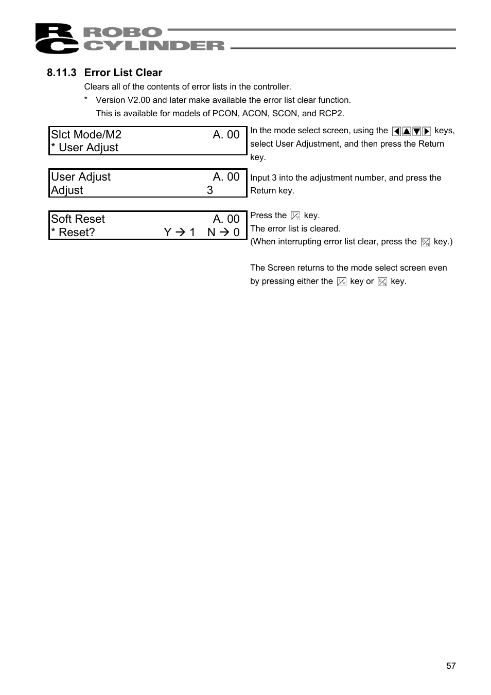 Slct mode/m2 a. 00 * user adjust, User adjust a. 00 adjust 3, Soft reset a. 00 * reset? y æ 1 n æ 0 | IAI America RCM-E User Manual | Page 65 / 74