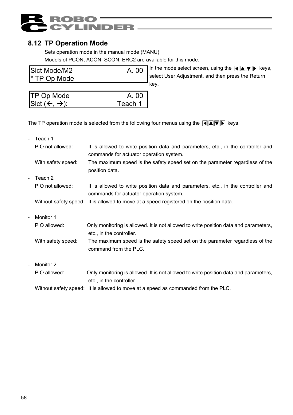 12 tp operation mode, Slct mode/m2 a. 00 * tp op mode, Tp op mode a. 00 slct (е, ж): teach 1 | IAI America RCM-E User Manual | Page 66 / 74