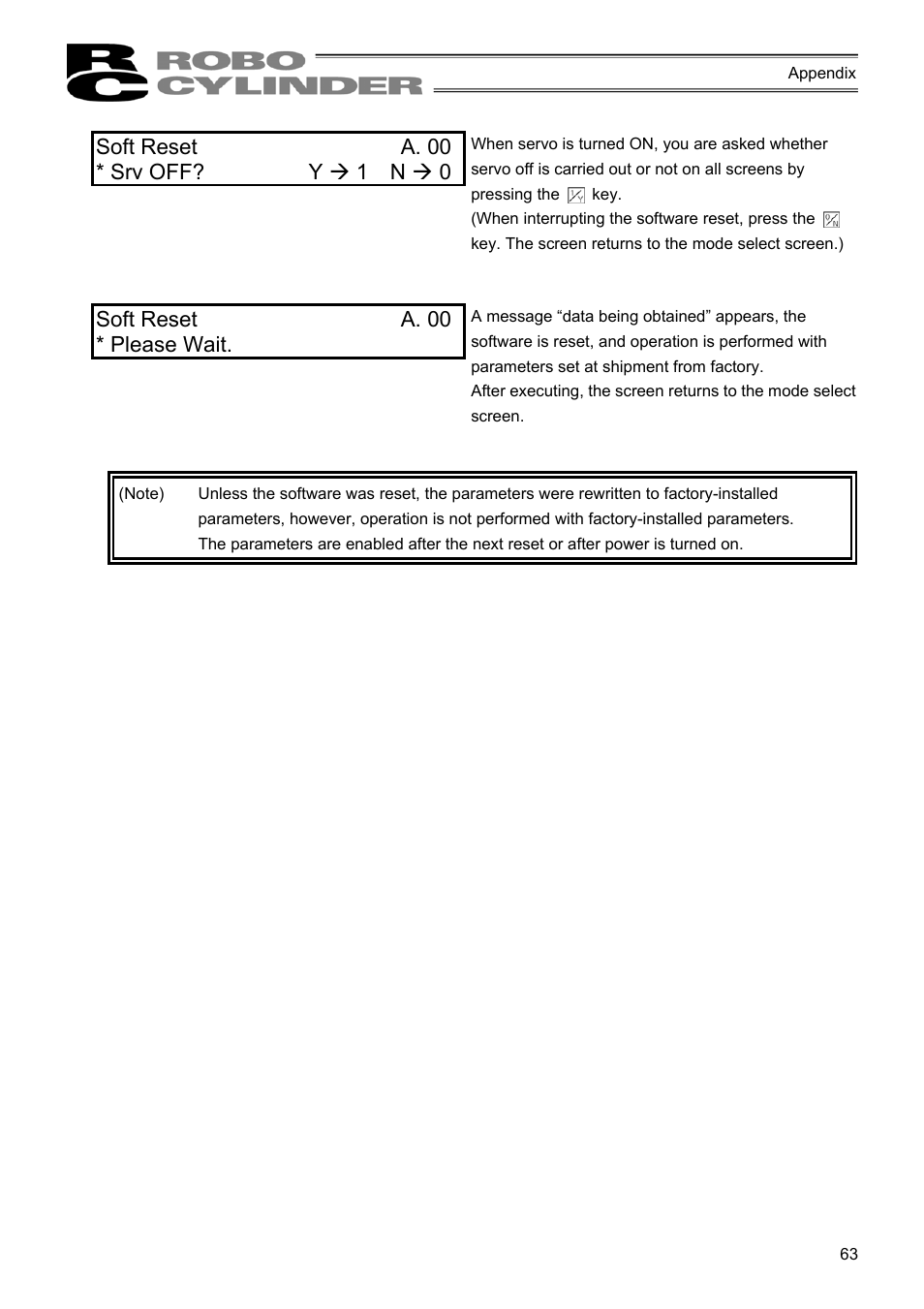 Soft reset a. 00 * srv off? y æ 1 n æ 0, Soft reset a. 00 * please wait | IAI America RCM-E User Manual | Page 71 / 74