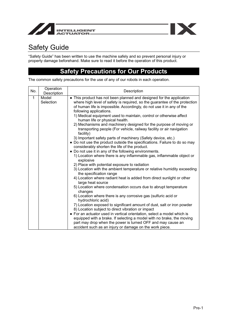 Safety guide, Safety precautions for our products | IAI America SEL-TG User Manual | Page 11 / 314