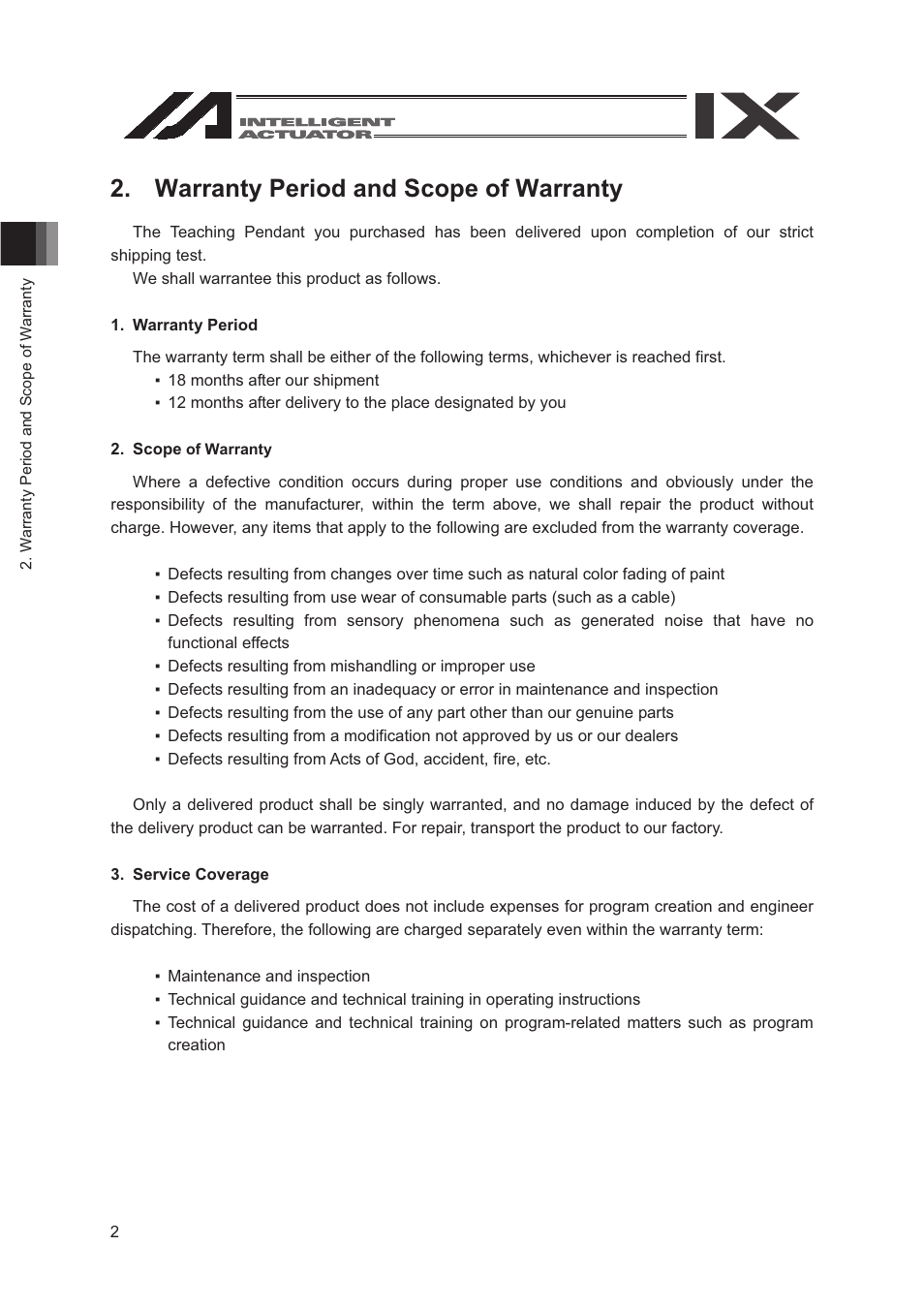 Warranty period and scope of warranty, Warranty period, Scope of warranty | Service coverage | IAI America SEL-TG User Manual | Page 20 / 314