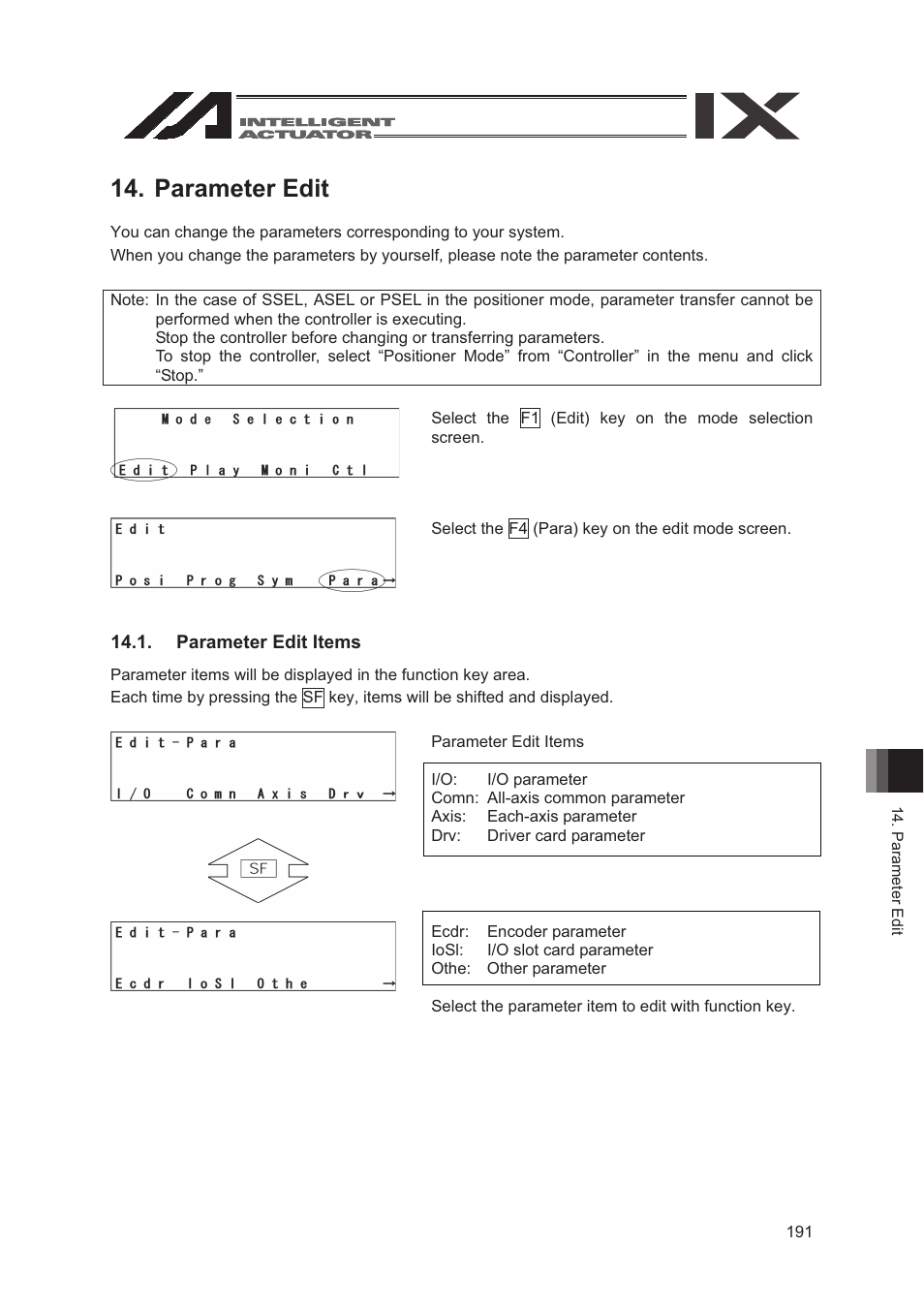 Parameter edit, Parameter edit items | IAI America SEL-TG User Manual | Page 209 / 314