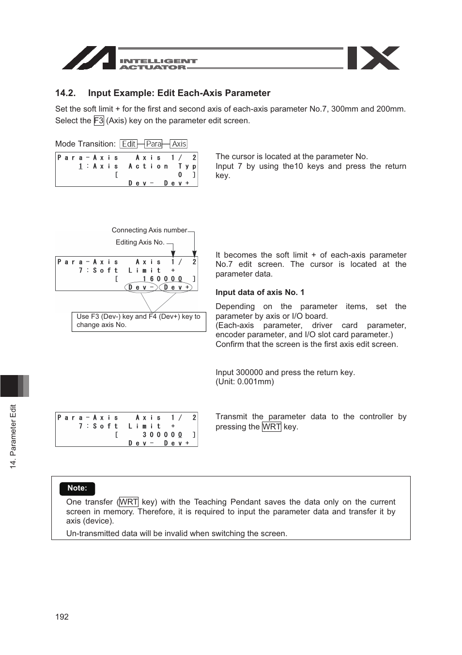 Input example: edit each-axis parameter | IAI America SEL-TG User Manual | Page 210 / 314