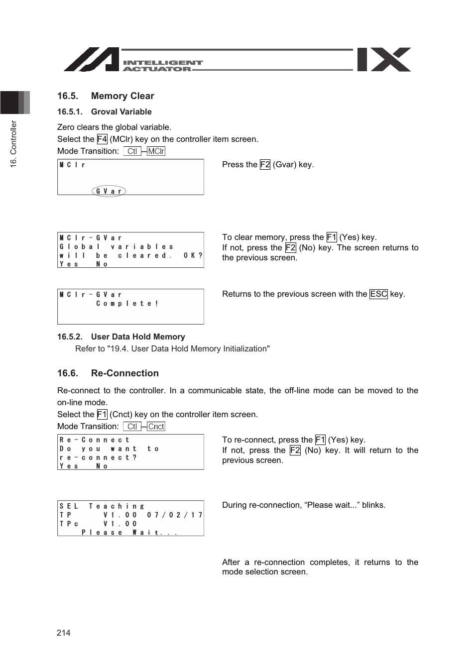 Memory clear, Re-connection | IAI America SEL-TG User Manual | Page 232 / 314