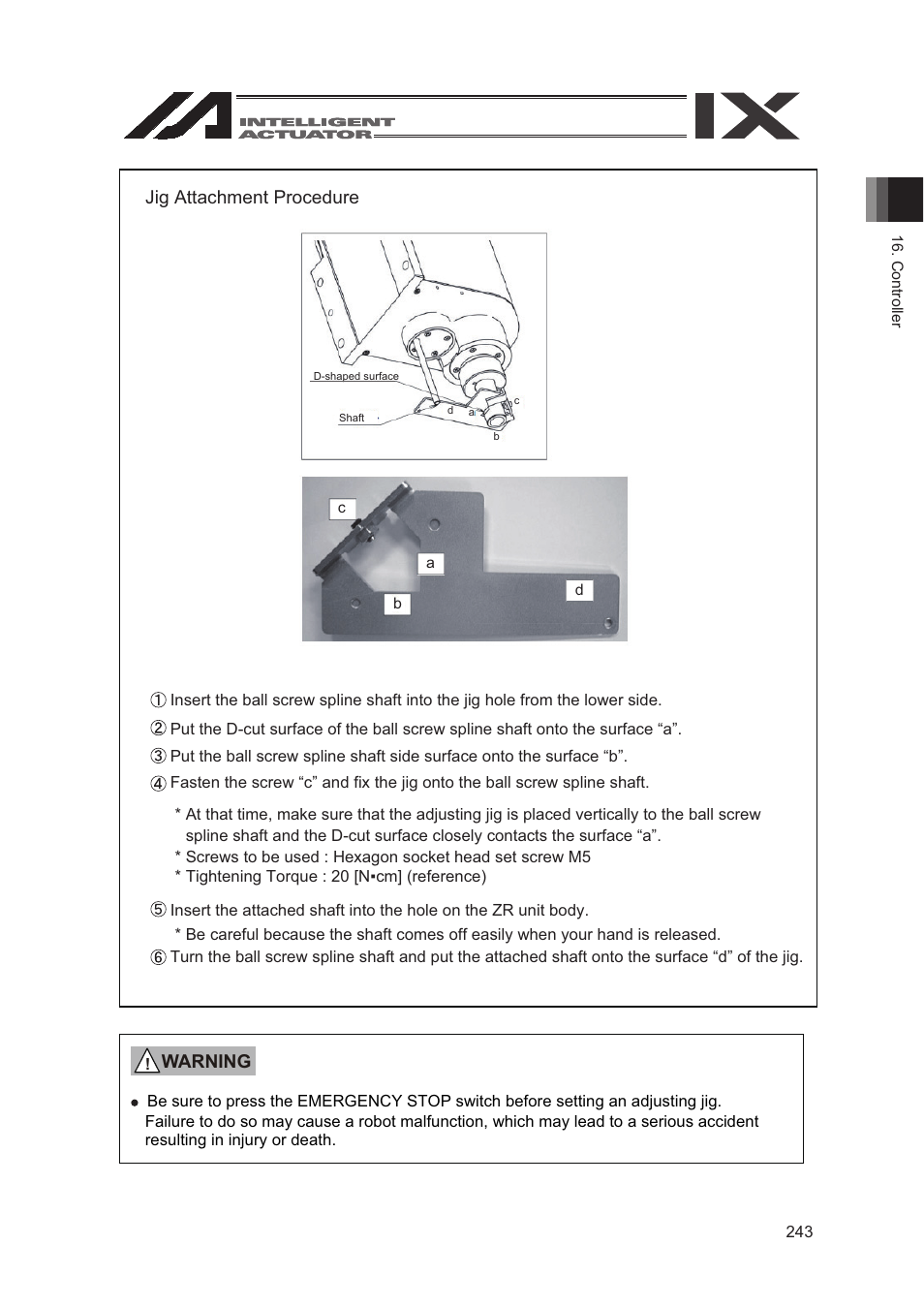 Warning, Jig attachment procedure | IAI America SEL-TG User Manual | Page 261 / 314