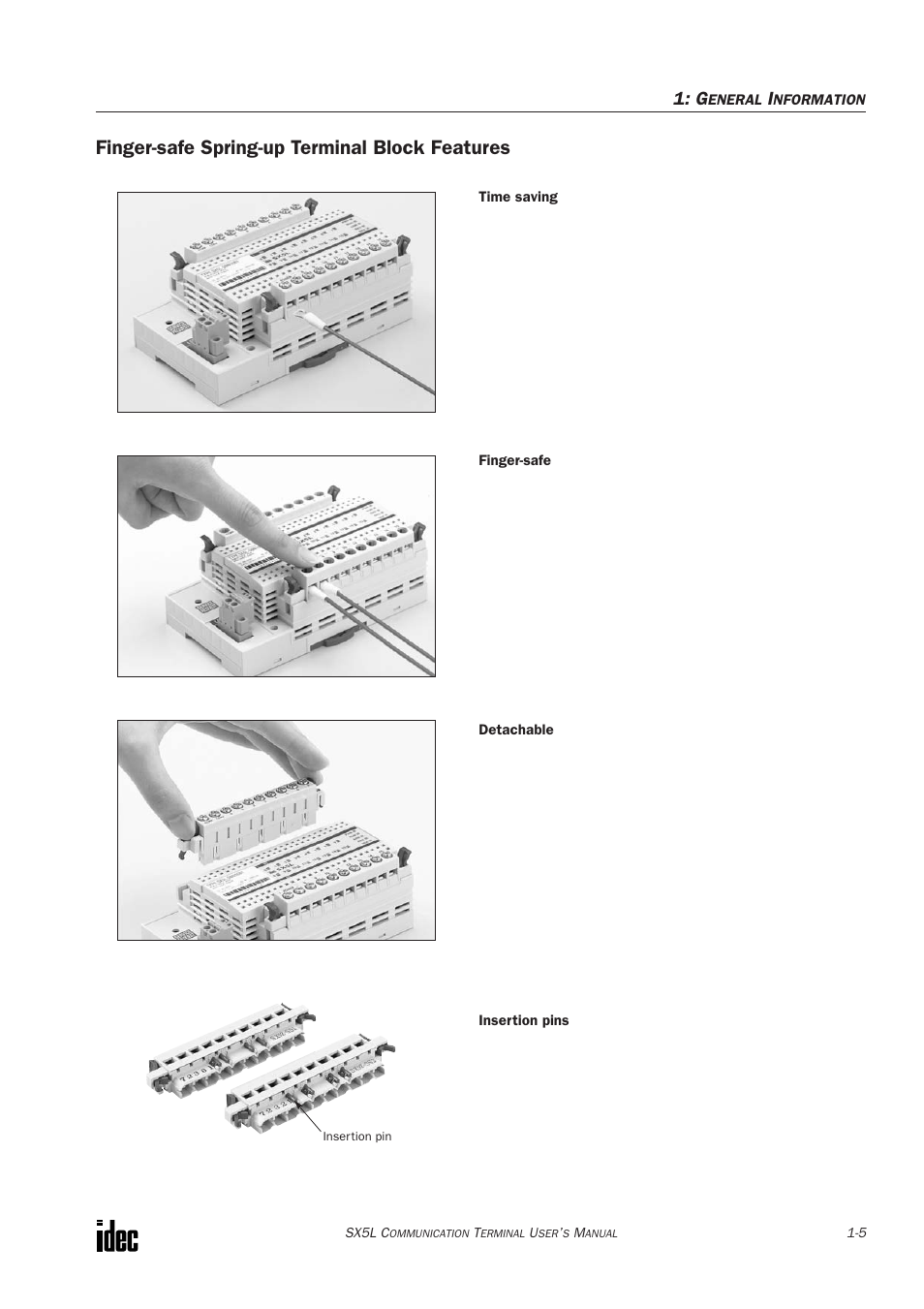 Finger-safe spring-up terminal block features | IDEC SX5L Series User Manual | Page 10 / 68