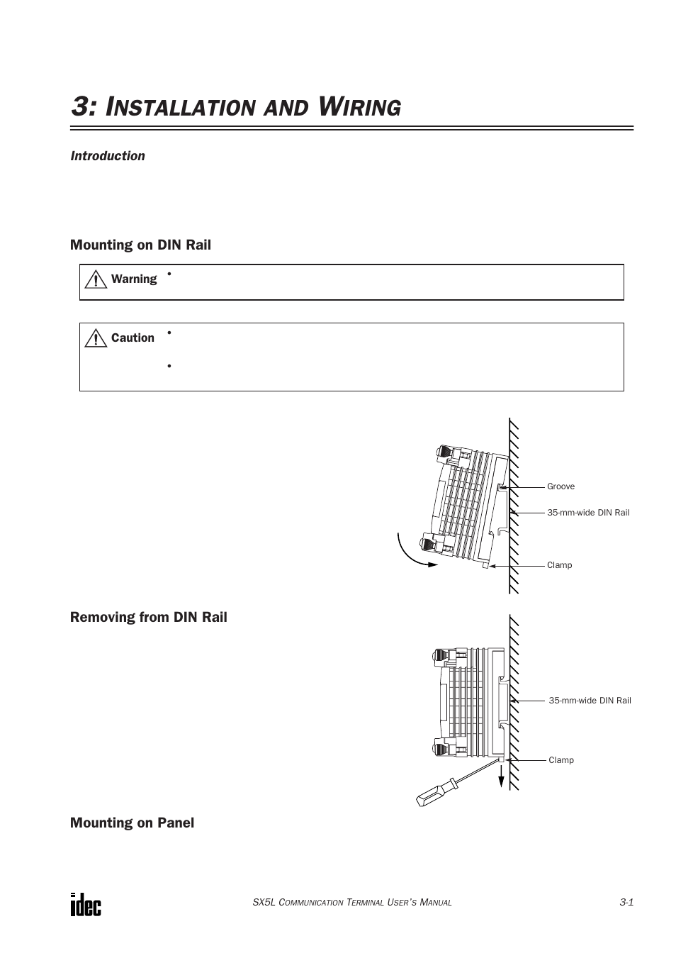 Installation and wiring, Mounting on din rail, Removing from din rail | Mounting on panel, Nstallation, Iring | IDEC SX5L Series User Manual | Page 32 / 68