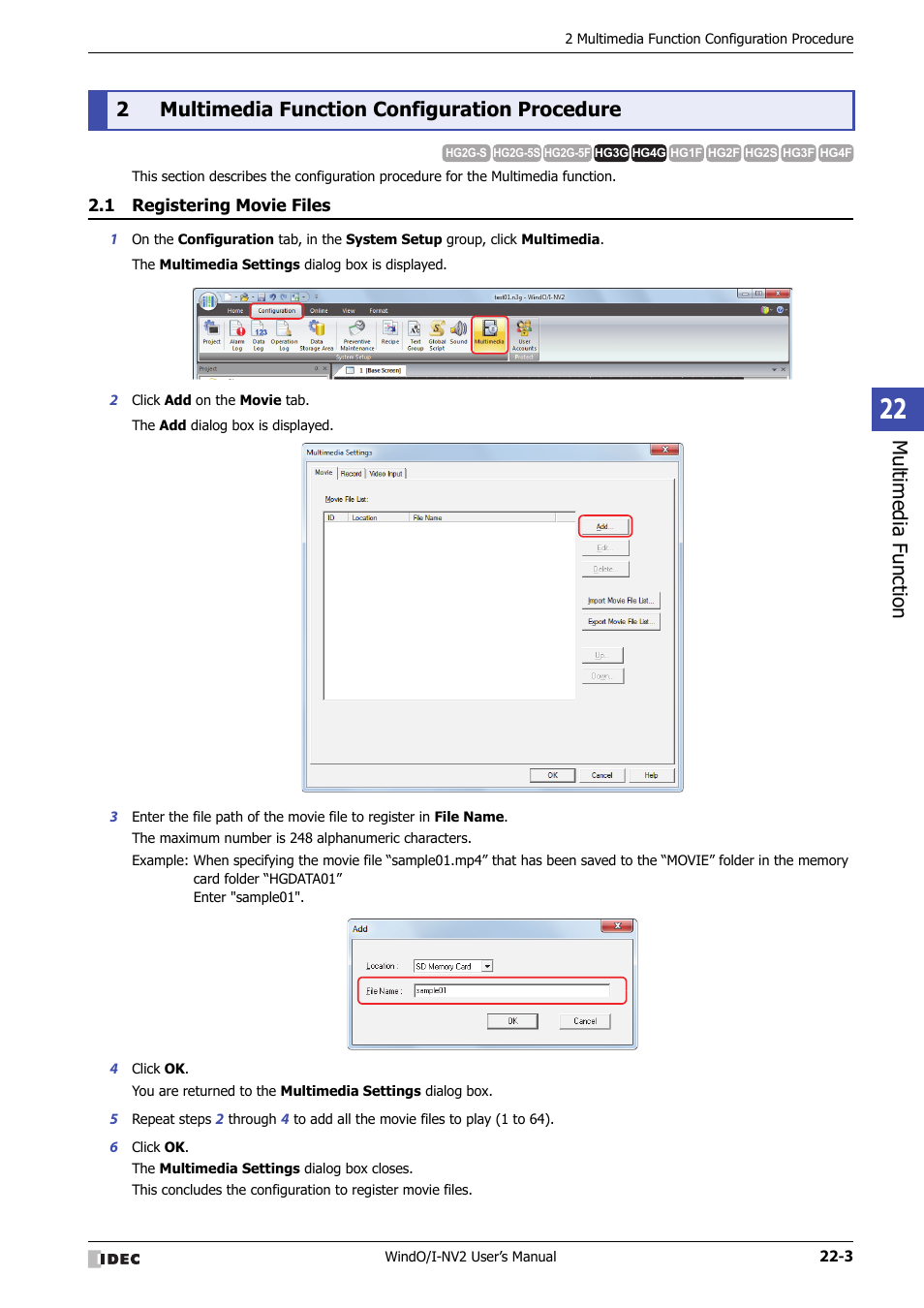 2 multimedia function configuration procedure, 1 registering movie files, Multimedia function configuration procedure -3 | Registering movie files -3, Multimedia function, 2multimedia function configuration procedure | IDEC High Performance Series User Manual | Page 1035 / 1448