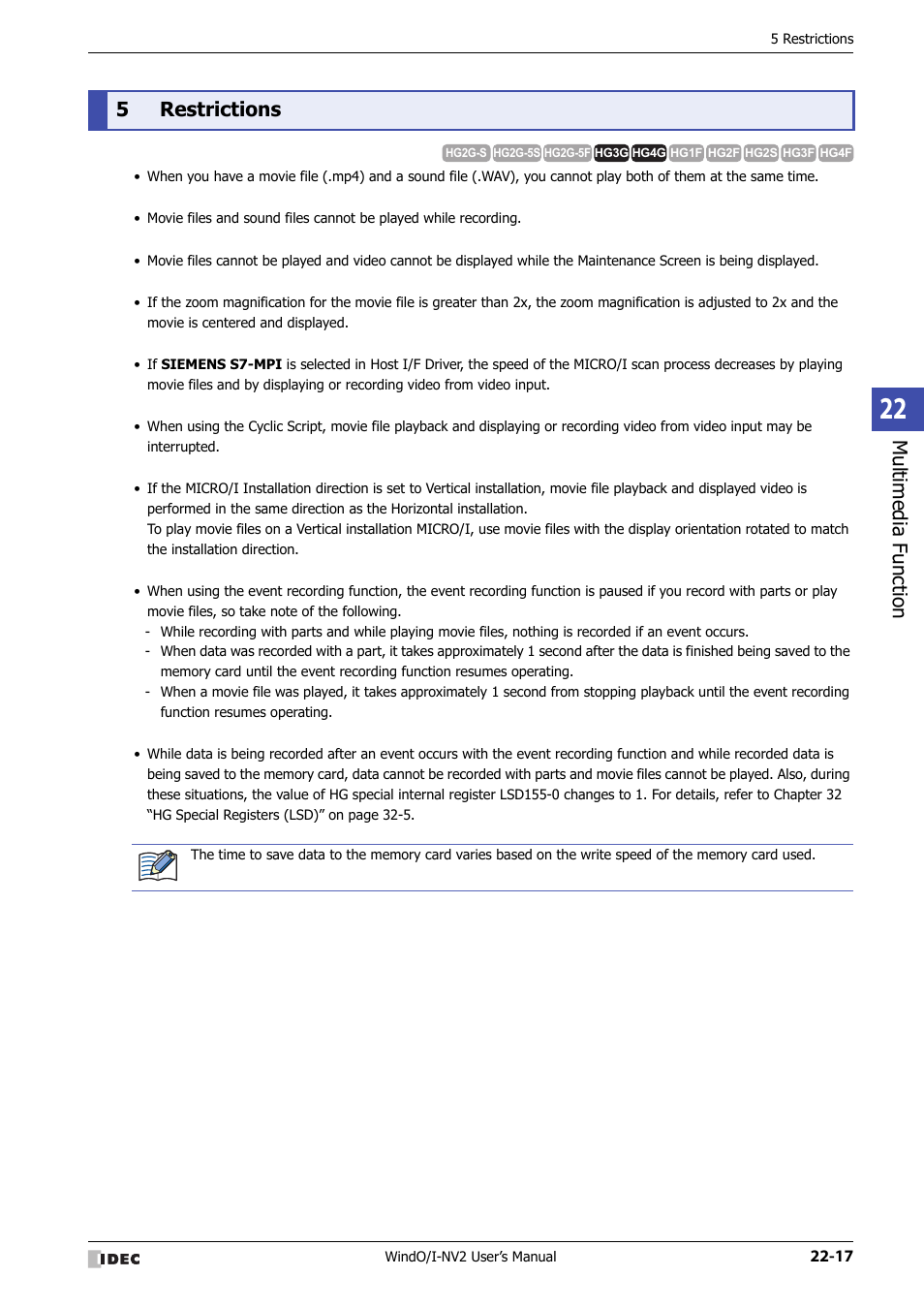 5 restrictions, Restrictions -17, Multimedia function | 5restrictions | IDEC High Performance Series User Manual | Page 1049 / 1448