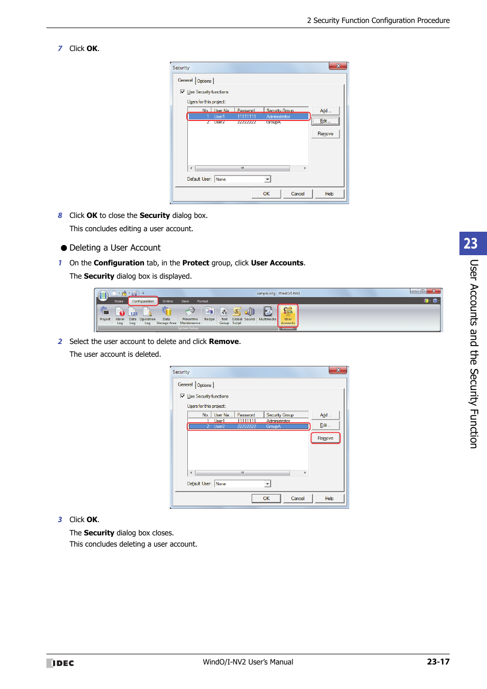 Deleting a user account, Use r ac counts and the sec urit y function | IDEC High Performance Series User Manual | Page 1067 / 1448