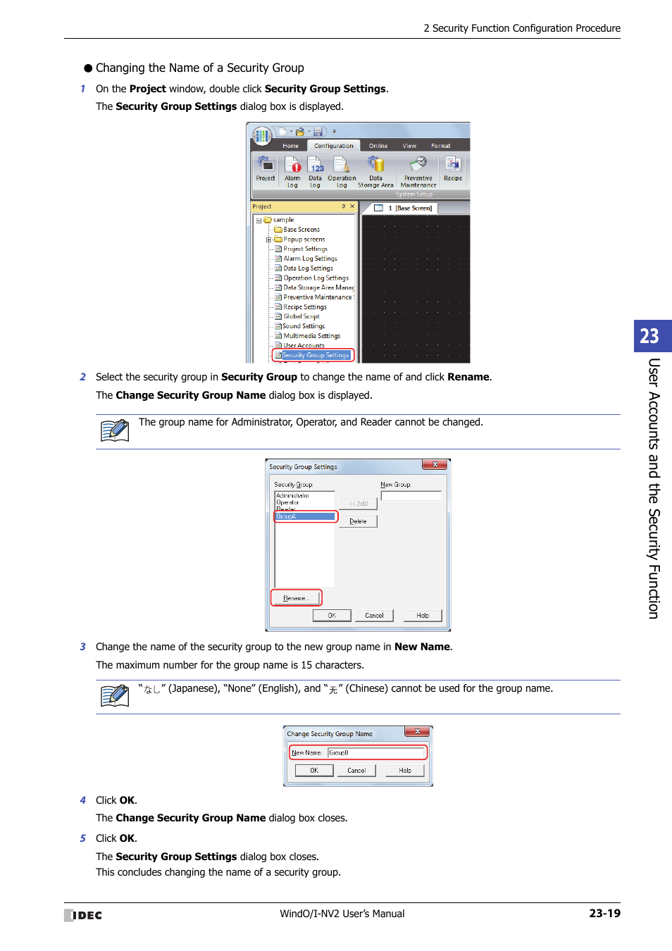 Changing the name of a security group, Use r ac counts and the sec urit y function | IDEC High Performance Series User Manual | Page 1069 / 1448