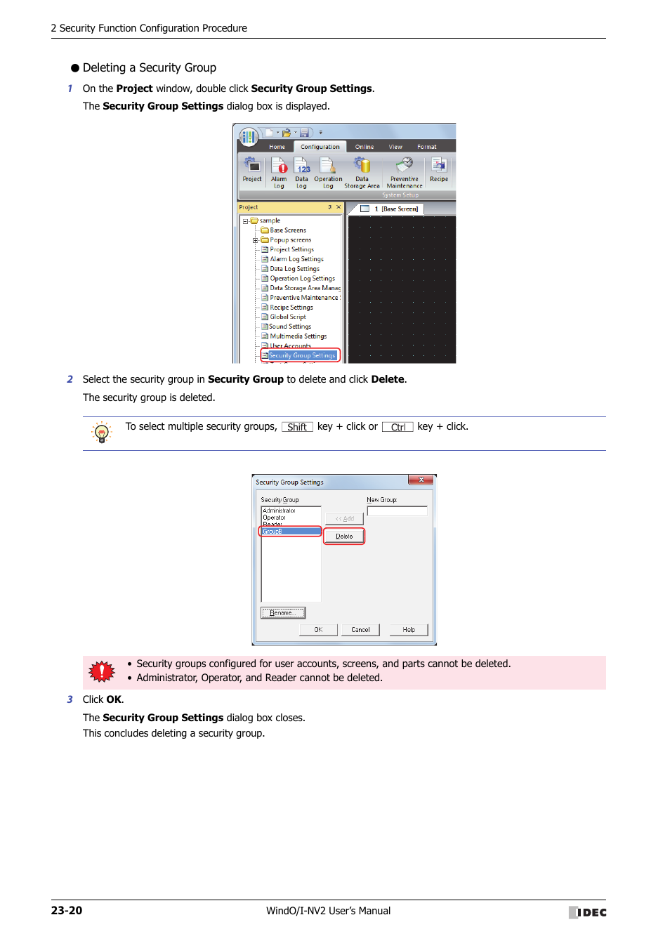 Deleting a security group | IDEC High Performance Series User Manual | Page 1070 / 1448